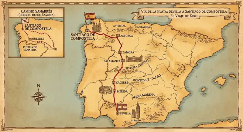 Mapa de la Vía de la Plata desde Sevilla a Santiago de Compostela